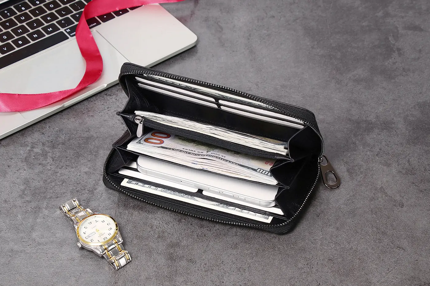 Latest Men Woven Genuine Leather Clutch Bags Business Style Black Zipper Purse Wallets